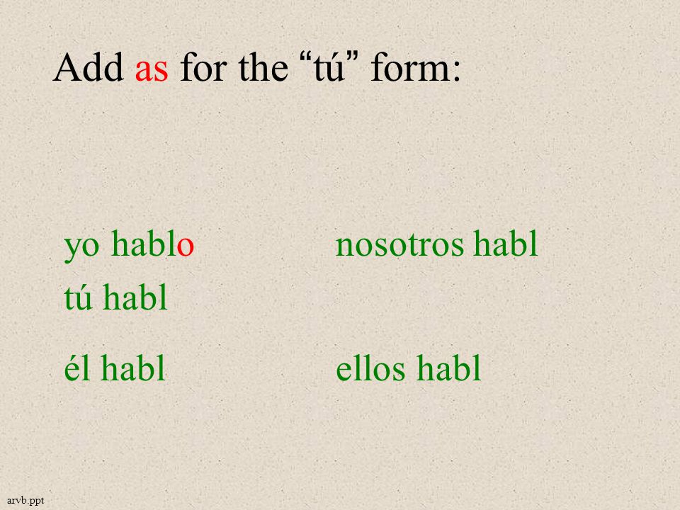 Add as for the tú form: yo hablonosotros habl tú habl él hablellos habl arvb.ppt