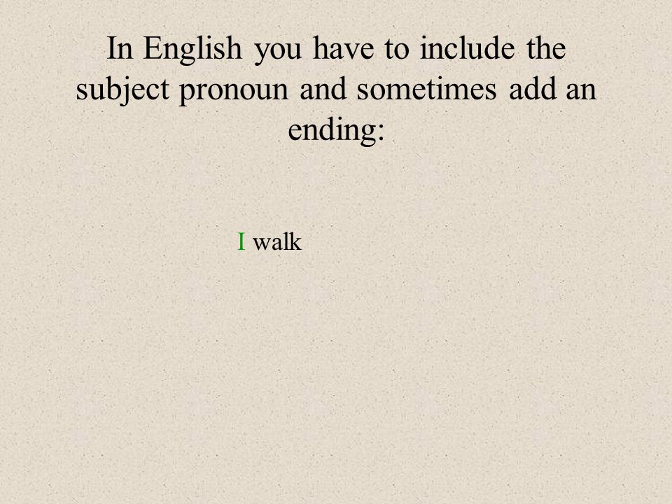 In English you have to include the subject pronoun and sometimes add an ending: I walk