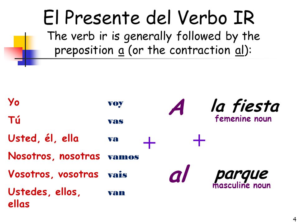 3 Conjugation of the verb ir (to go) (the verb ir (to go) is irregular in the present tense) yo voynosotros (as) vamos tú vasvosotros(as) vais usted vaustedes van él vaellos van ella vaellas van