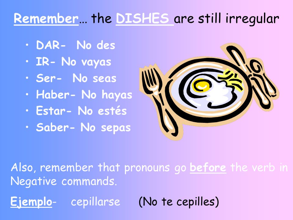 Remember… the DISHES are still irregular DAR- No des IR- No vayas Ser- No seas Haber- No hayas Estar- No estés Saber- No sepas Also, remember that pronouns go before the verb in Negative commands.