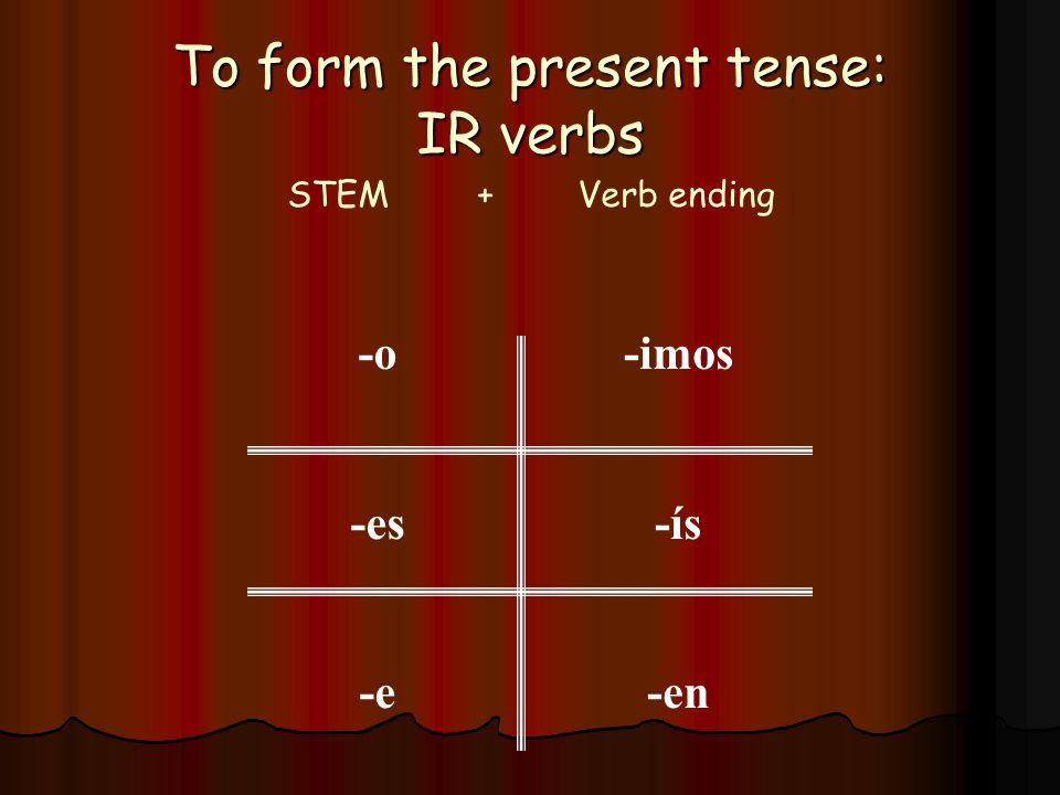 To form the present tense: ER verbs STEM + Verb ending -o -es -e -emos -éis -en