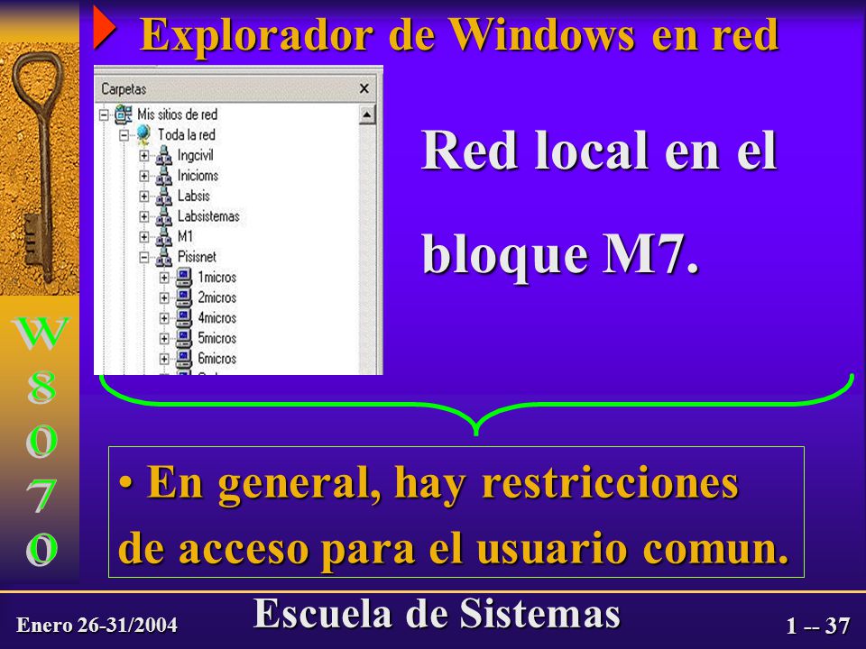 Enero 26-31/2004 Escuela de Sistemas  Explorador de Windows en red En general, hay restricciones En general, hay restricciones de acceso para el usuario comun.