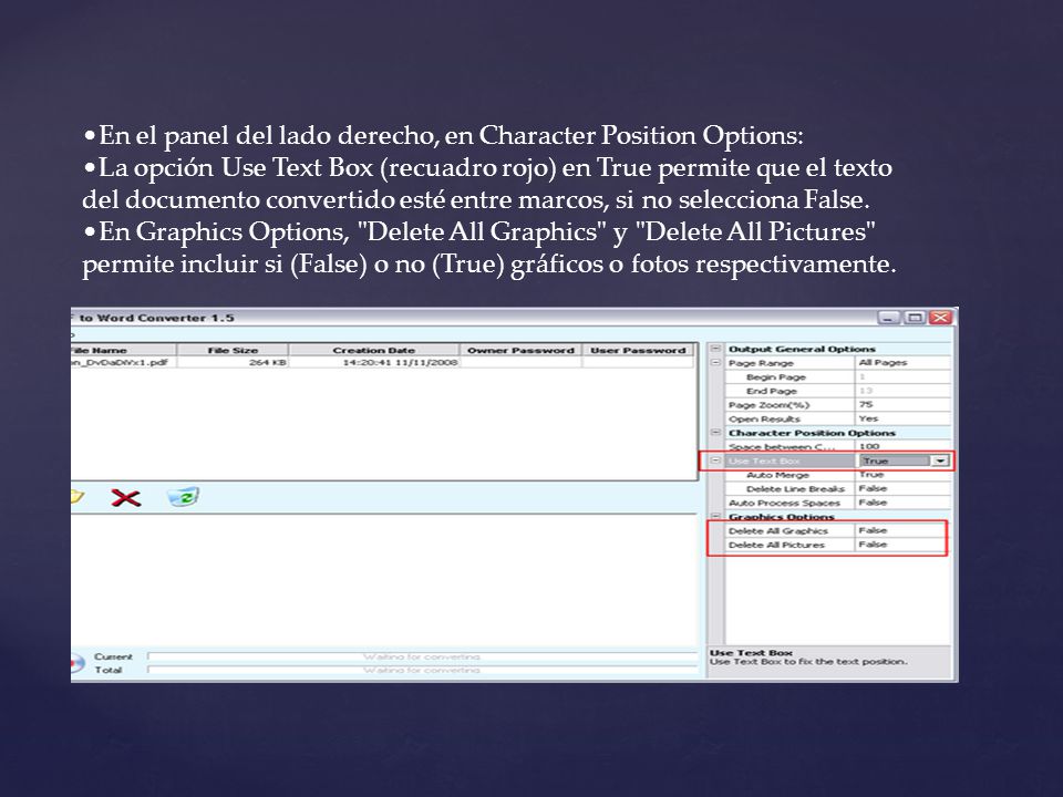 En el panel del lado derecho, en Character Position Options: La opción Use Text Box (recuadro rojo) en True permite que el texto del documento convertido esté entre marcos, si no selecciona False.