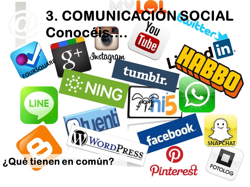 FOURSQUARE SNAPCHAT ¿Qué tienen en común 3. COMUNICACIÓN SOCIAL Conocéis….