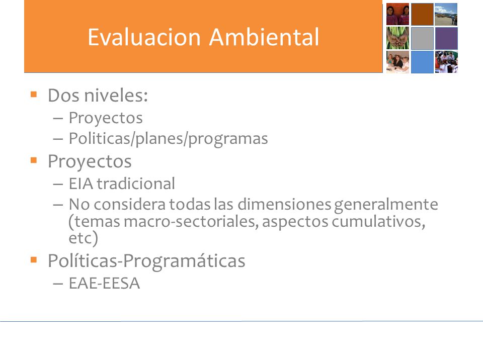 Evaluacion Ambiental  Dos niveles: – Proyectos – Politicas/planes/programas  Proyectos – EIA tradicional – No considera todas las dimensiones generalmente (temas macro-sectoriales, aspectos cumulativos, etc)  Políticas-Programáticas – EAE-EESA
