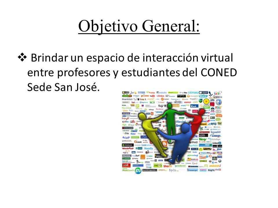 Objetivo General:  Brindar un espacio de interacción virtual entre profesores y estudiantes del CONED Sede San José.
