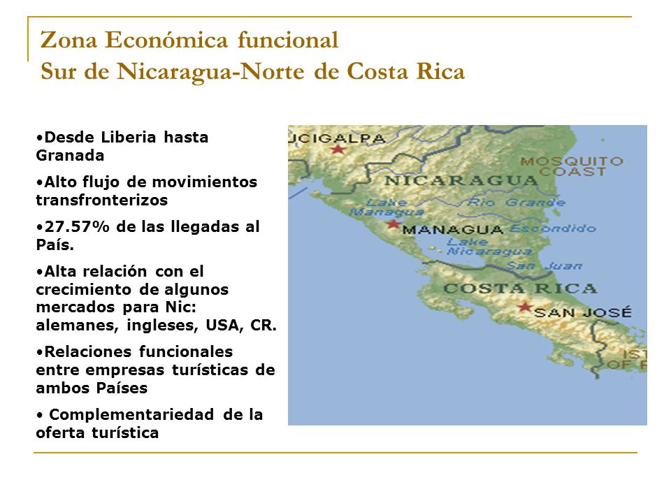 Zona Económica funcional Sur de Nicaragua-Norte de Costa Rica Desde Liberia hasta Granada Alto flujo de movimientos transfronterizos 27.57% de las llegadas al País.