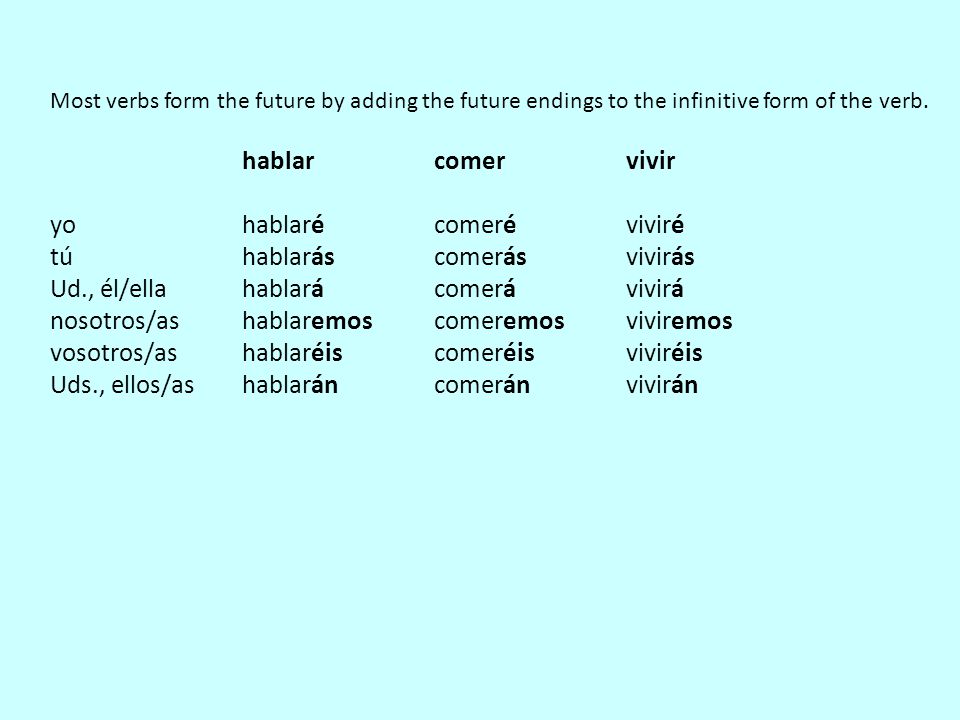 Most verbs form the future by adding the future endings to the infinitive form of the verb.