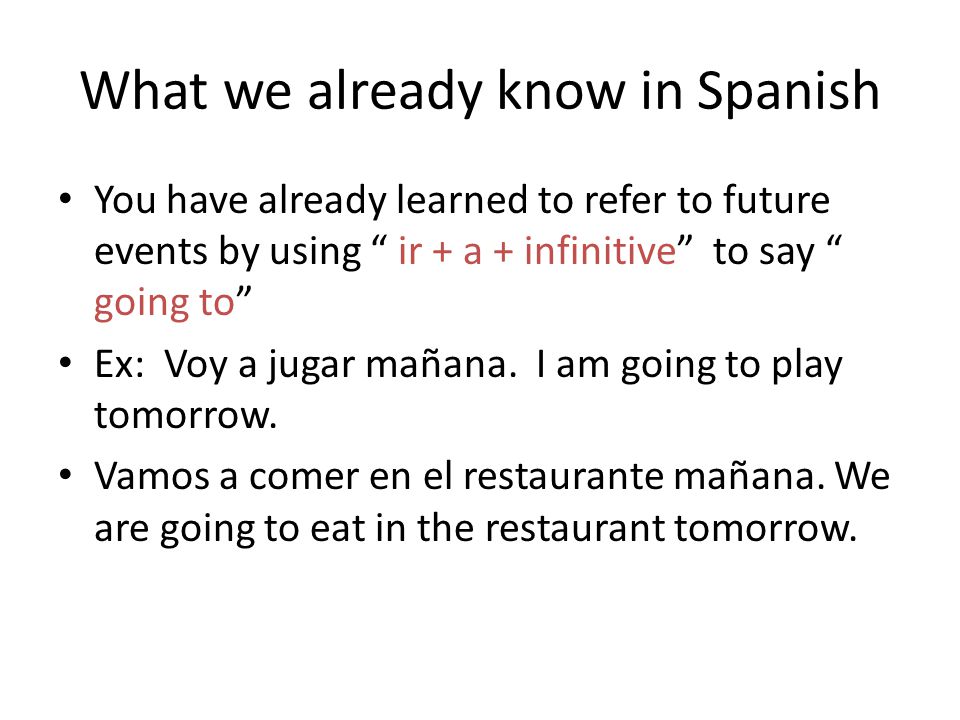 What we already know in Spanish You have already learned to refer to future events by using ir + a + infinitive to say going to Ex: Voy a jugar mañana.
