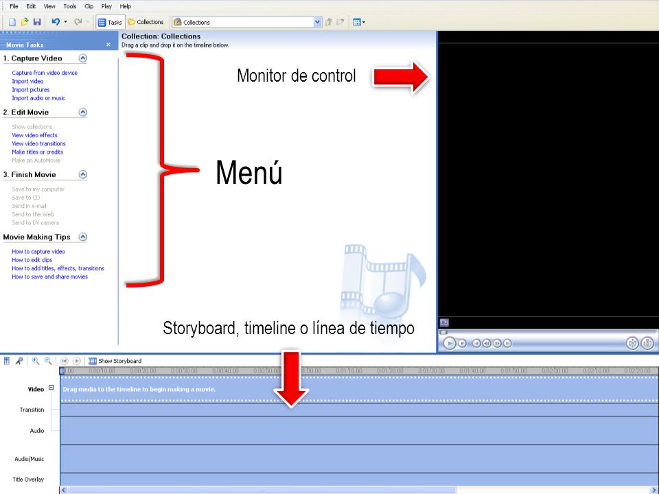 Menú Monitor de control Storyboard, timeline o línea de tiempo