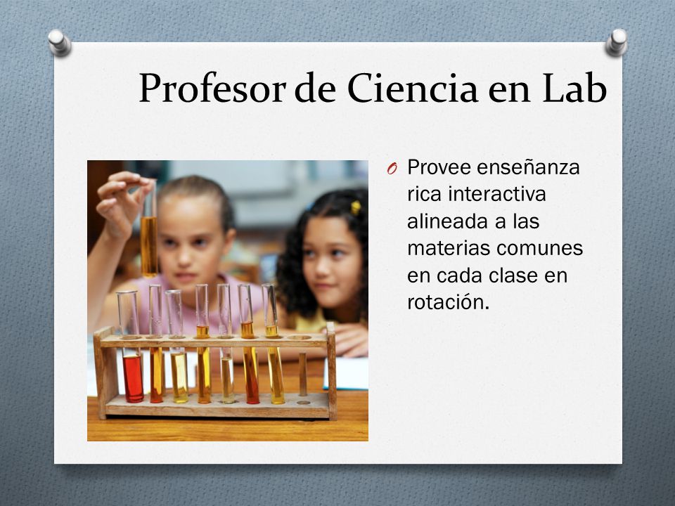 Profesor de Ciencia en Lab O Provee enseñanza rica interactiva alineada a las materias comunes en cada clase en rotación.
