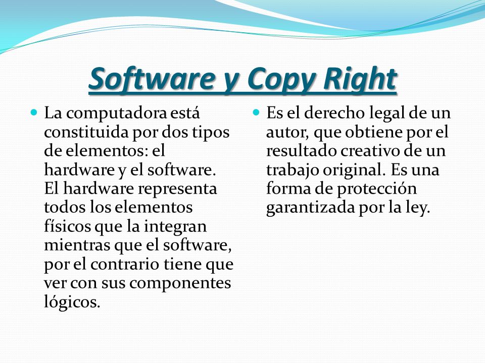 Software y Copy Right La computadora está constituida por dos tipos de elementos: el hardware y el software.