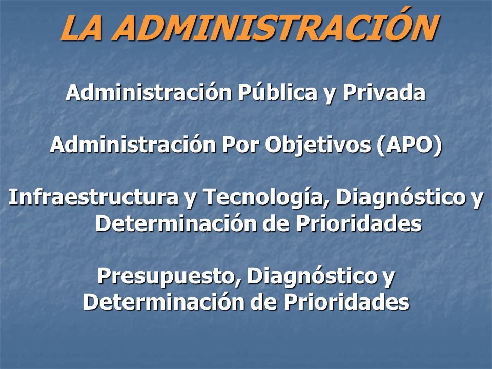LA ADMINISTRACIÓN Administración Pública y Privada Administración Por Objetivos (APO) Infraestructura y Tecnología, Diagnóstico y Determinación de Prioridades Presupuesto, Diagnóstico y Determinación de Prioridades