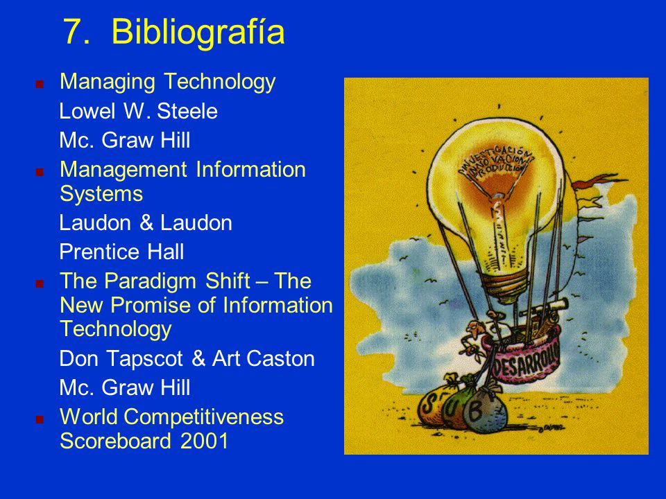 7. Bibliografía Managing Technology Lowel W. Steele Mc.