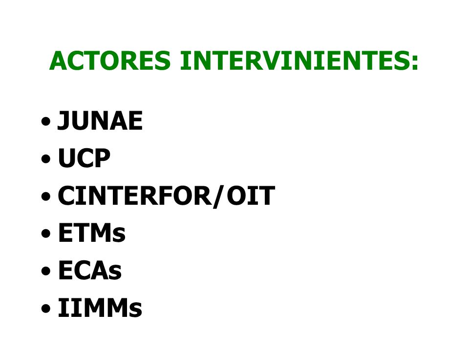 ACTORES INTERVINIENTES: JUNAE UCP CINTERFOR/OIT ETMs ECAs IIMMs