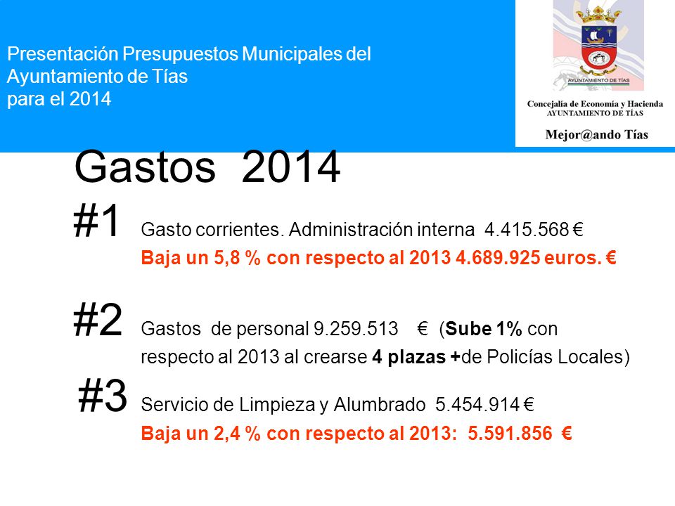 Presentación Presupuestos Municipales del Ayuntamiento de Tías para el 2014 Gastos 2014 #1 Gasto corrientes.