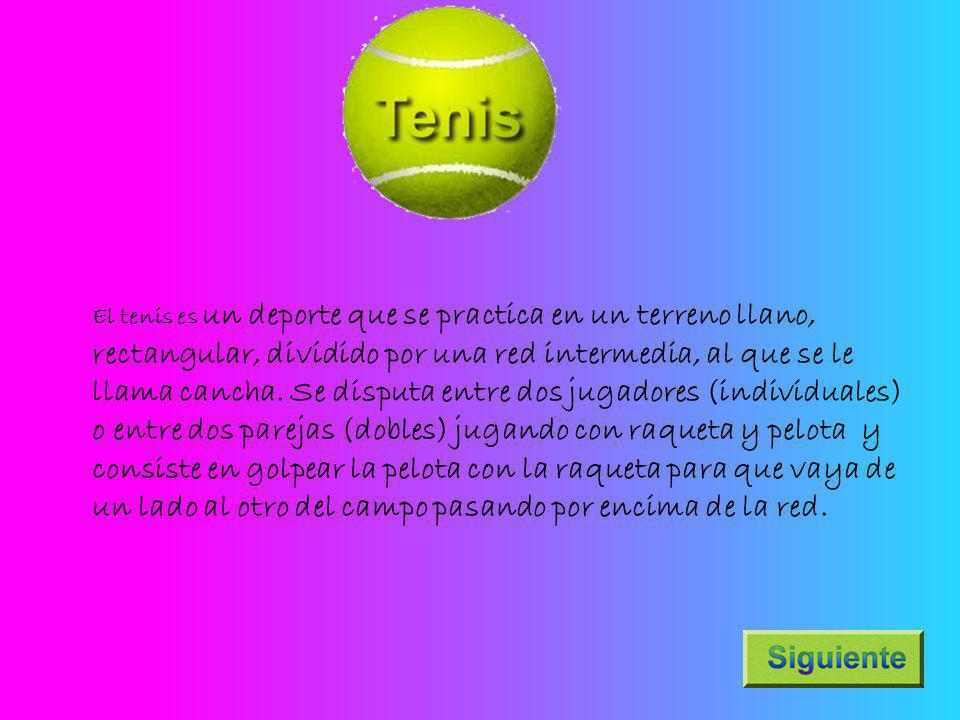 El tenis es un deporte que se practica en un terreno llano, rectangular, dividido por una red intermedia, al que se le llama cancha.