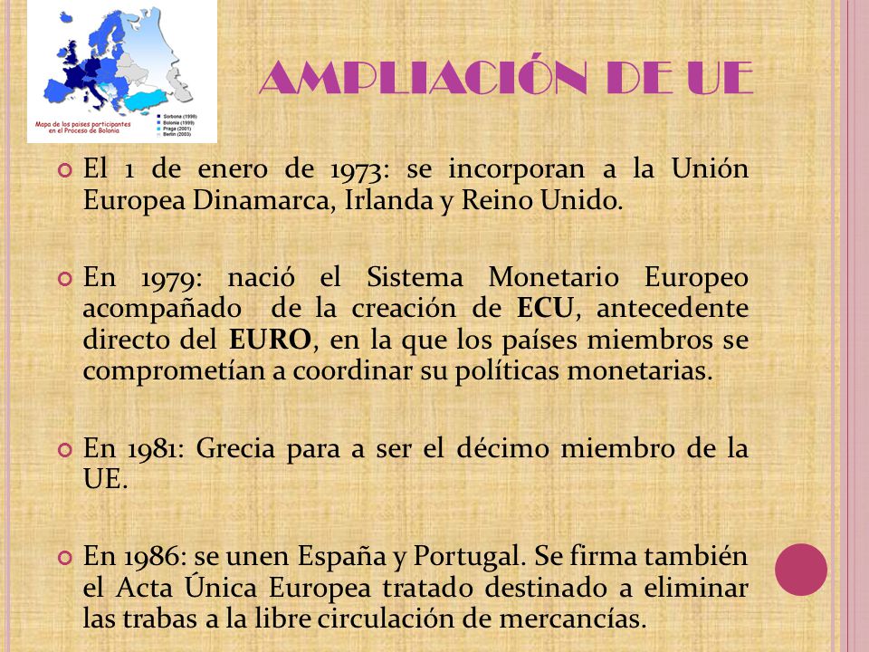 C REACIÓN DE LA COMUNIDAD ECONÓMICA EUROPEA En 1957: se firma el Tratado de Roma en el que los seis países firmantes constituyen la Comunidad Económica Europea (CEE) y la Comunidad de la Energía Atómica (EURATOM).