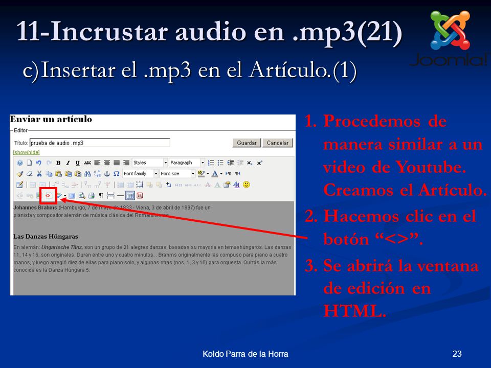 23Koldo Parra de la Horra 11-Incrustar audio en.mp3(21) 1.Procedemos de manera similar a un video de Youtube.
