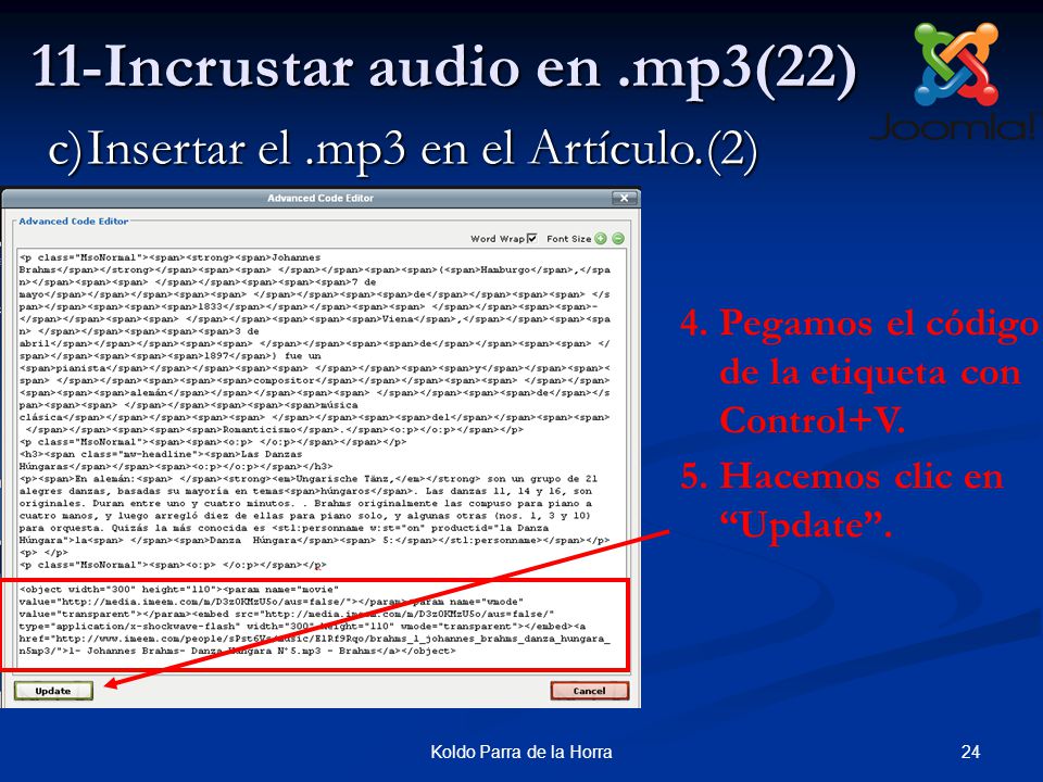 24Koldo Parra de la Horra 11-Incrustar audio en.mp3(22) 4.Pegamos el código de la etiqueta con Control+V.