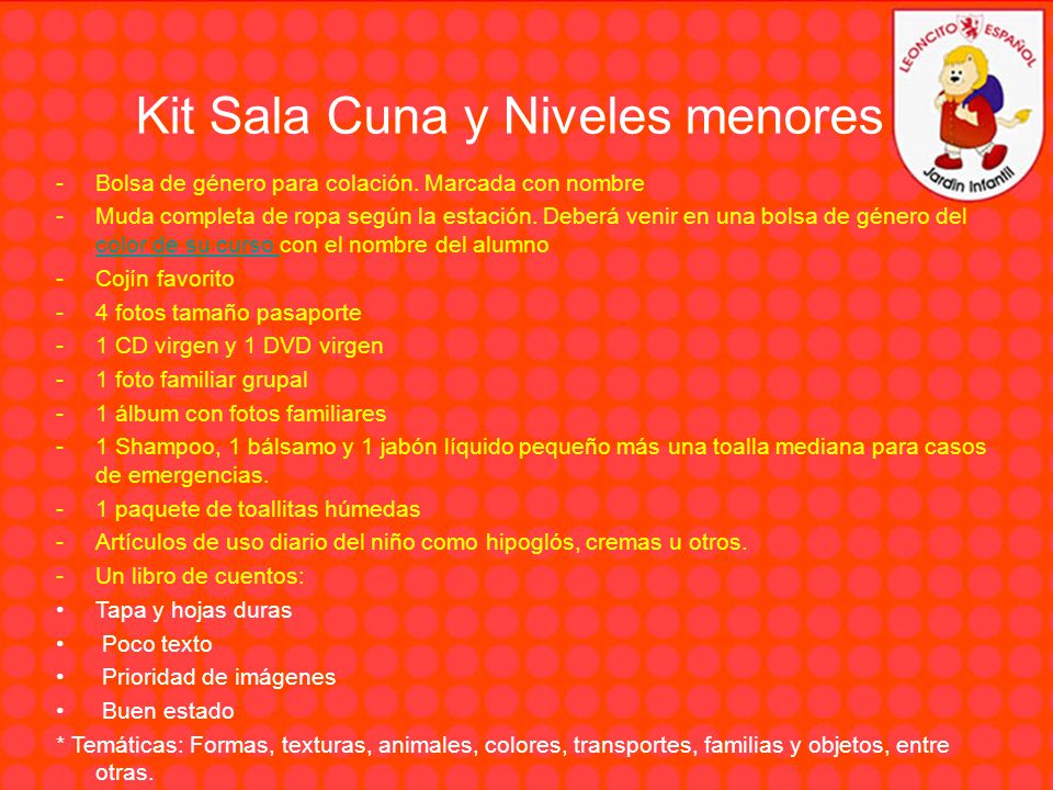 Kit Sala Cuna y Niveles menores -Bolsa de género para colación.