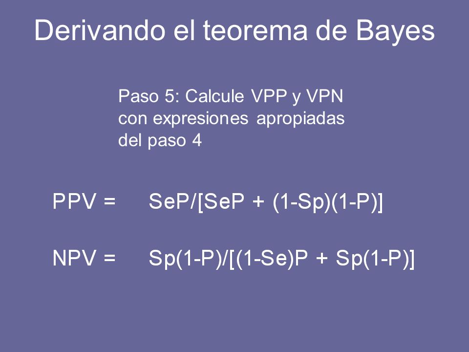 Paso 5: Calcule VPP y VPN con expresiones apropiadas del paso 4 Derivando el teorema de Bayes