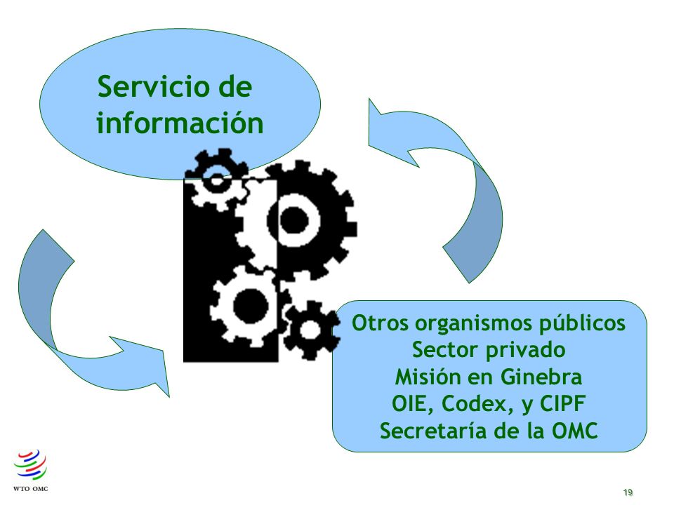 19 Servicio de información Otros organismos públicos Sector privado Misión en Ginebra OIE, Codex, y CIPF Secretaría de la OMC