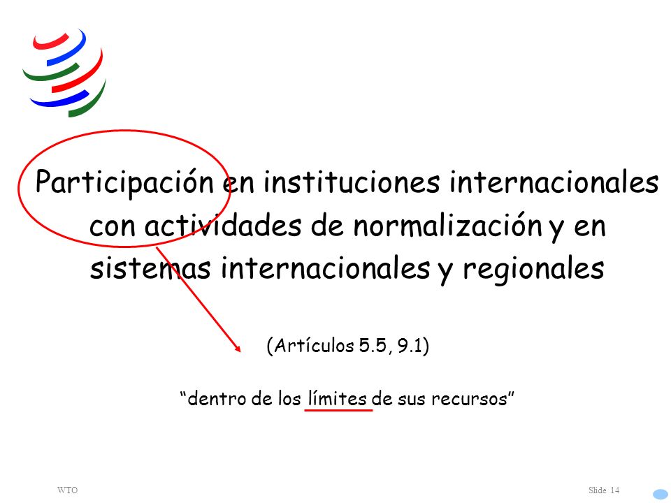 WTOSlide 14 Participación en instituciones internacionales con actividades de normalización y en sistemas internacionales y regionales (Artículos 5.5, 9.1) dentro de los límites de sus recursos