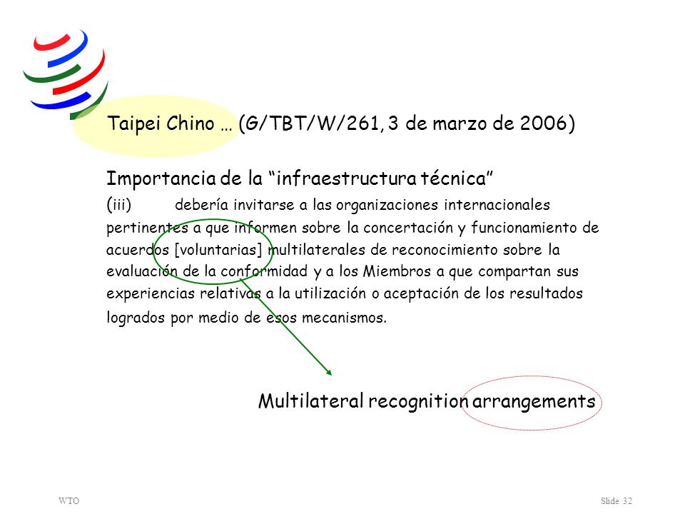 WTOSlide 32 Taipei Chino … (G/TBT/W/261, 3 de marzo de 2006) Importancia de la infraestructura técnica ( iii) debería invitarse a las organizaciones internacionales pertinentes a que informen sobre la concertación y funcionamiento de acuerdos [voluntarias] multilaterales de reconocimiento sobre la evaluación de la conformidad y a los Miembros a que compartan sus experiencias relativas a la utilización o aceptación de los resultados logrados por medio de esos mecanismos.