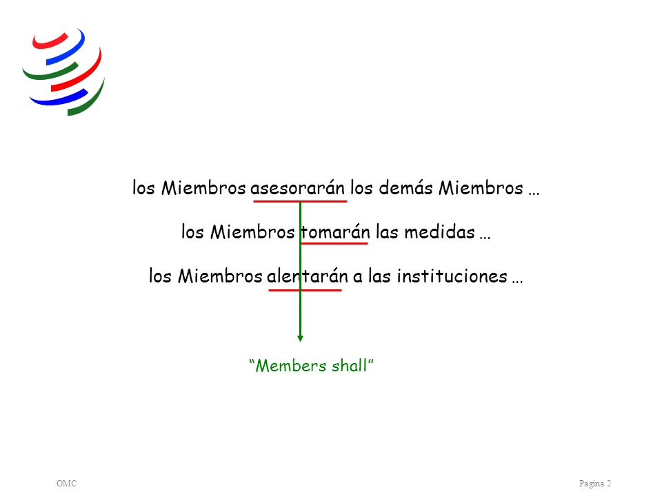 OMCPagina 2 los Miembros asesorarán los demás Miembros … los Miembros tomarán las medidas … los Miembros alentarán a las instituciones … Members shall