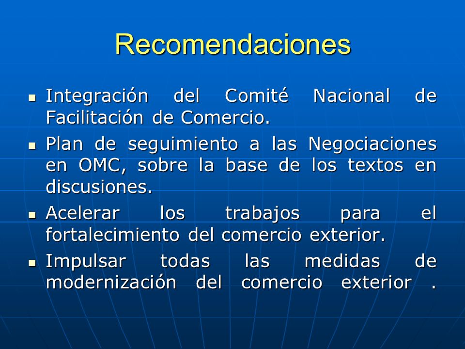 Recomendaciones Integración del Comité Nacional de Facilitación de Comercio.