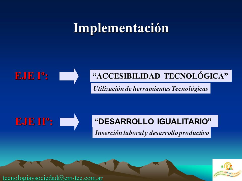 Implementación EJE Iº: EJE IIº: ACCESIBILIDAD TECNOLÓGICA Utilización de herramientas Tecnológicas DESARROLLO IGUALITARIO Inserción laboral y desarrollo productivo