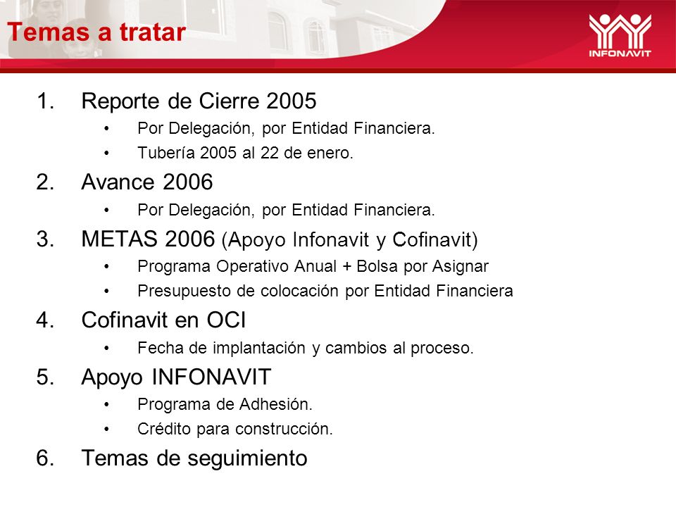 Temas a tratar 1.Reporte de Cierre 2005 Por Delegación, por Entidad Financiera.