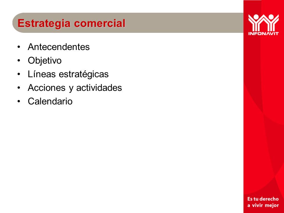 Estrategia comercial Antecendentes Objetivo Líneas estratégicas Acciones y actividades Calendario