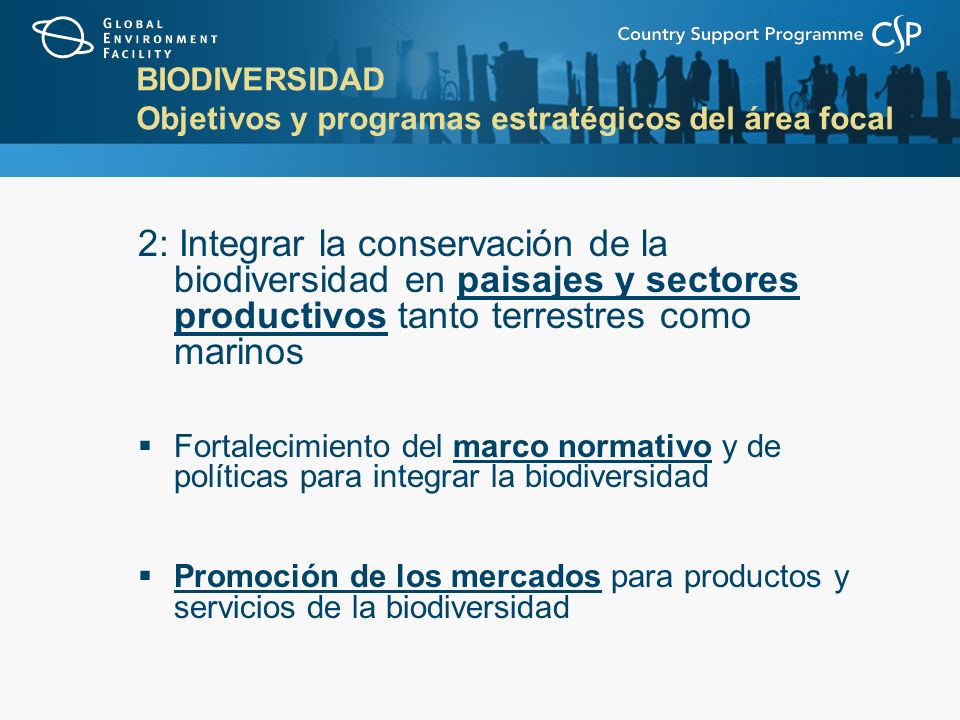 BIODIVERSIDAD Objetivos y programas estratégicos del área focal 2: Integrar la conservación de la biodiversidad en paisajes y sectores productivos tanto terrestres como marinos Fortalecimiento del marco normativo y de políticas para integrar la biodiversidad Promoción de los mercados para productos y servicios de la biodiversidad