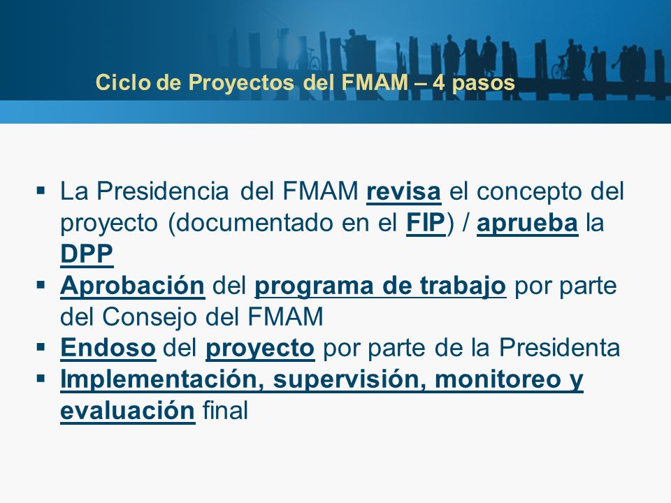Ciclo de Proyectos del FMAM – 4 pasos La Presidencia del FMAM revisa el concepto del proyecto (documentado en el FIP) / aprueba la DPP Aprobación del programa de trabajo por parte del Consejo del FMAM Endoso del proyecto por parte de la Presidenta Implementación, supervisión, monitoreo y evaluación final