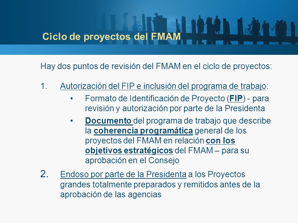 Ciclo de proyectos del FMAM Hay dos puntos de revisión del FMAM en el ciclo de proyectos: 1.Autorización del FIP e inclusión del programa de trabajo: Formato de Identificación de Proyecto (FIP) - para revisión y autorización por parte de la Presidenta Documento del programa de trabajo que describe la coherencia programática general de los proyectos del FMAM en relación con los objetivos estratégicos del FMAM – para su aprobación en el Consejo 2.