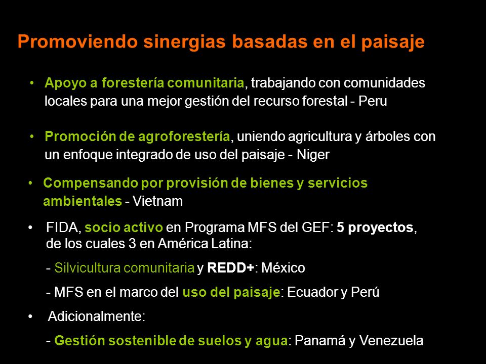 Promoviendo sinergias basadas en el paisaje FIDA, socio activo en Programa MFS del GEF: 5 proyectos, de los cuales 3 en América Latina: - Silvicultura comunitaria y REDD+: México - MFS en el marco del uso del paisaje: Ecuador y Perú Adicionalmente: - Gestión sostenible de suelos y agua: Panamá y Venezuela Apoyo a forestería comunitaria, trabajando con comunidades locales para una mejor gestión del recurso forestal - Peru Promoción de agroforestería, uniendo agricultura y árboles con un enfoque integrado de uso del paisaje - Niger Compensando por provisión de bienes y servicios ambientales - Vietnam
