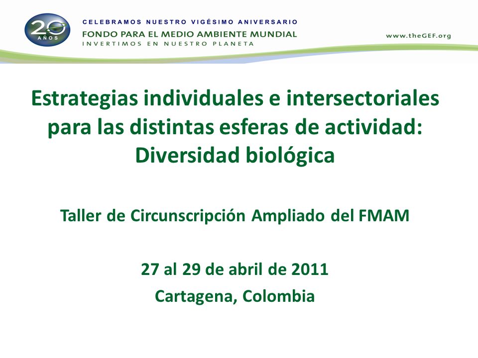 Estrategias individuales e intersectoriales para las distintas esferas de actividad: Diversidad biológica Taller de Circunscripción Ampliado del FMAM 27 al 29 de abril de 2011 Cartagena, Colombia
