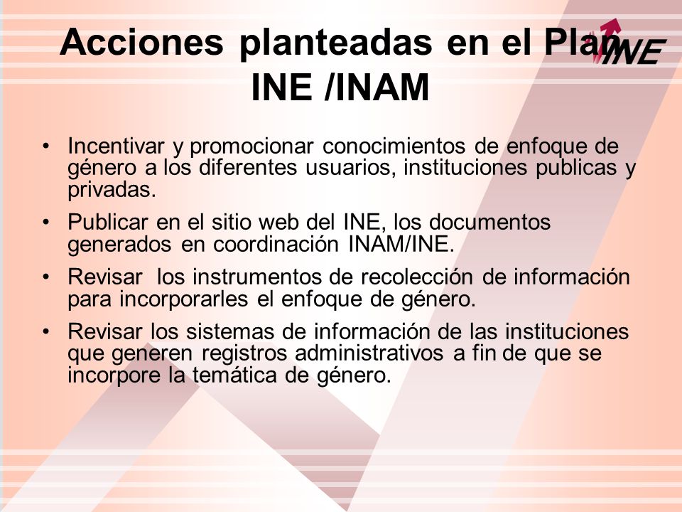 Acciones planteadas en el Plan INE /INAM Incentivar y promocionar conocimientos de enfoque de género a los diferentes usuarios, instituciones publicas y privadas.