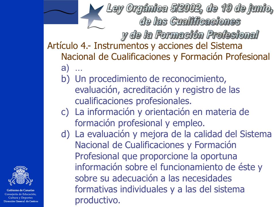 Dirección General de Centros Artículo 4.- Instrumentos y acciones del Sistema Nacional de Cualificaciones y Formación Profesional a)...