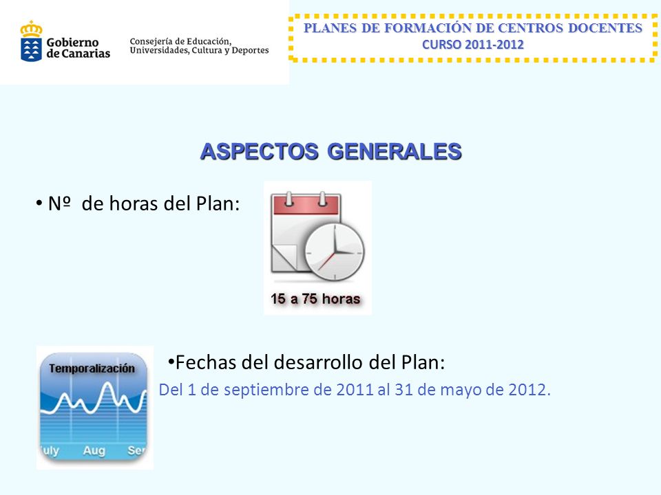 ASPECTOS GENERALES Nº de horas del Plan: Fechas del desarrollo del Plan: Del 1 de septiembre de 2011 al 31 de mayo de 2012.
