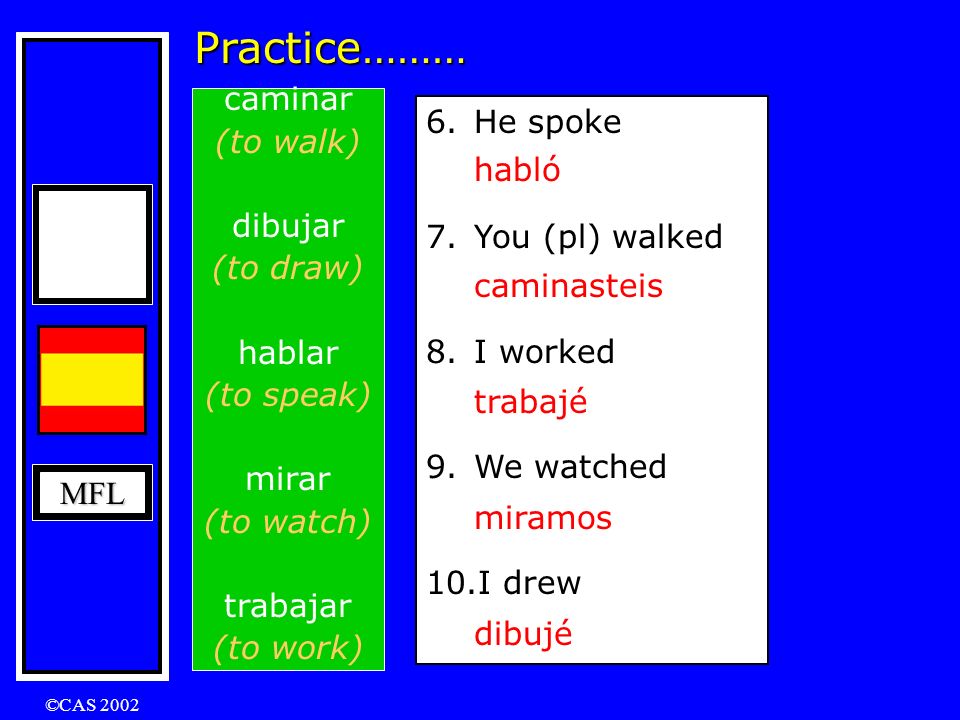 MFL ©CAS 2002 In English:I played / I did play The Preterite Tense is formed by adding endings onto the stem.