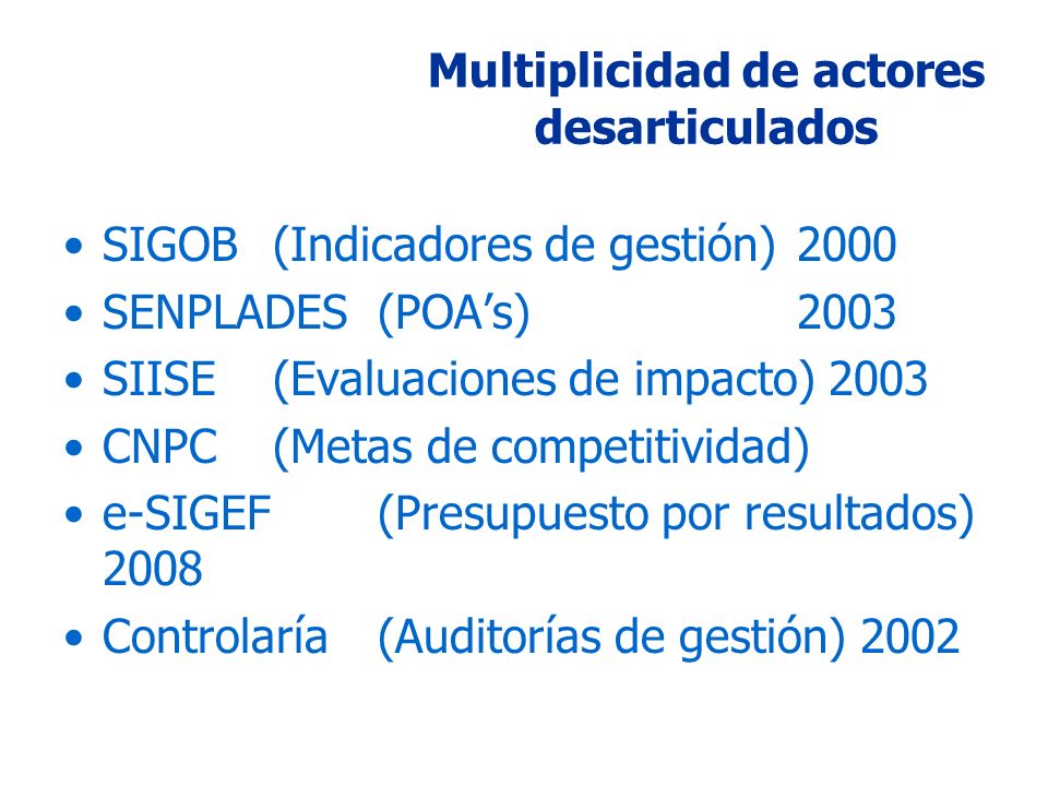 SIGOB (Indicadores de gestión)2000 SENPLADES (POAs)2003 SIISE (Evaluaciones de impacto) 2003 CNPC (Metas de competitividad) e-SIGEF (Presupuesto por resultados) 2008 Controlaría (Auditorías de gestión) 2002 Multiplicidad de actores desarticulados
