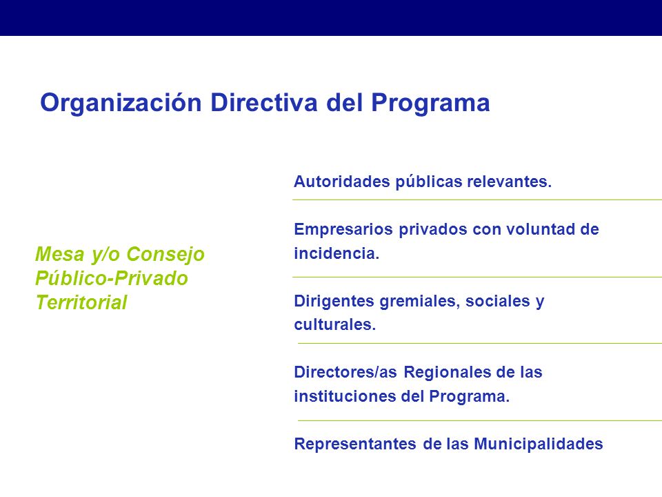 Organización Directiva del Programa Mesa y/o Consejo Público-Privado Territorial Autoridades públicas relevantes.