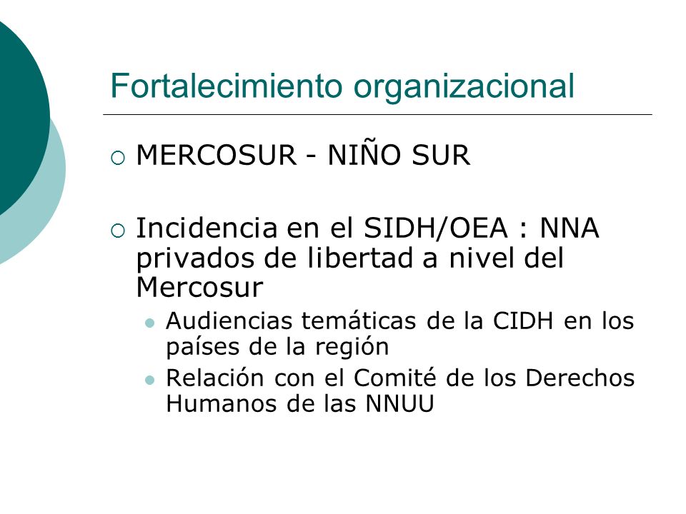 Fortalecimiento organizacional MERCOSUR - NIÑO SUR Incidencia en el SIDH/OEA : NNA privados de libertad a nivel del Mercosur Audiencias temáticas de la CIDH en los países de la región Relación con el Comité de los Derechos Humanos de las NNUU
