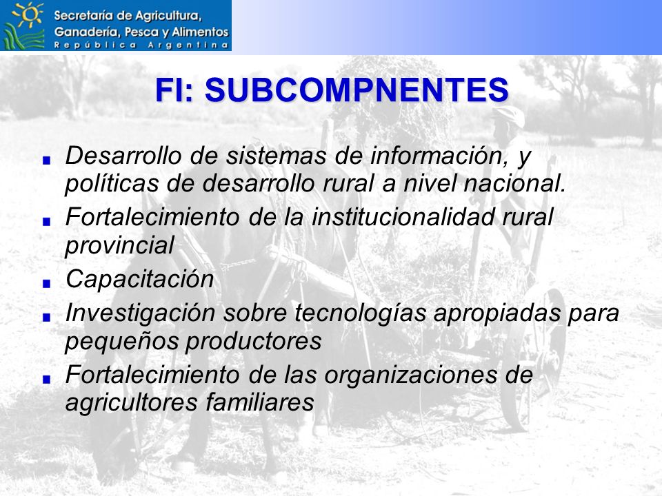 FI: SUBCOMPNENTES Desarrollo de sistemas de información, y políticas de desarrollo rural a nivel nacional.