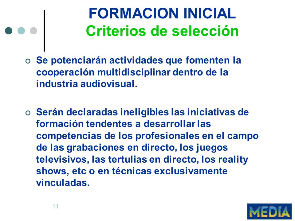 11 FORMACION INICIAL Criterios de selección Se potenciarán actividades que fomenten la cooperación multidisciplinar dentro de la industria audiovisual.