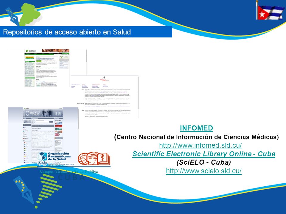 Campus Virtual de Salud P ú blica Repositorios de acceso abierto en Salud INFOMED ( Centro Nacional de Información de Ciencias Médicas)   Scientific Electronic Library Online - Cuba (SciELO - Cuba)