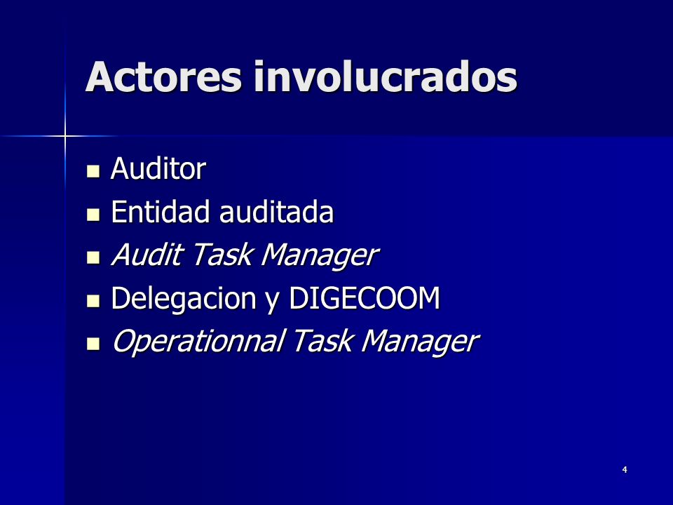 4 Actores involucrados Auditor Auditor Entidad auditada Entidad auditada Audit Task Manager Audit Task Manager Delegacion y DIGECOOM Delegacion y DIGECOOM Operationnal Task Manager Operationnal Task Manager